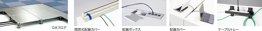 OAフロアと開閉式配線カバー、配線ボックス、配線カバー、ケーブルトレー